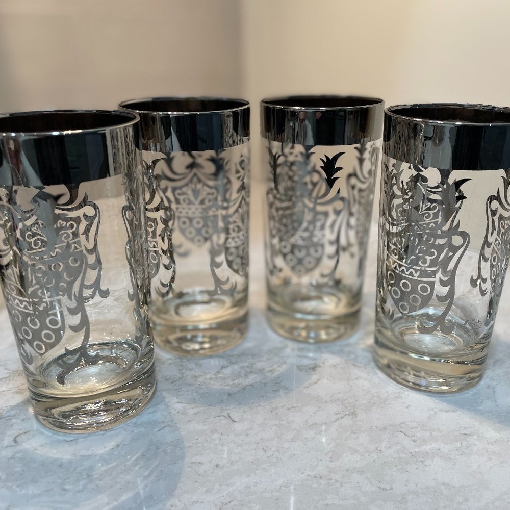 MCM 1960's Signed Kimiko Silver Crest Highball Tumbler Barware Glasses Set of 4